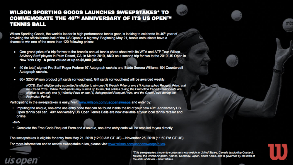 Wilson Sweepstakes To Commemorate The 40th Anniversary US Open Tennis Ball